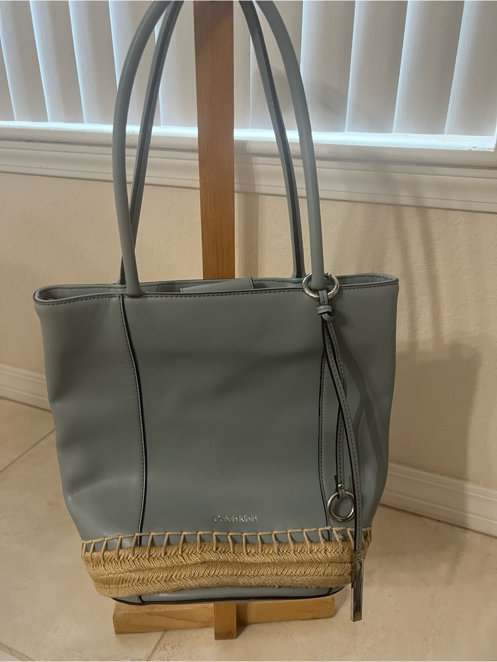 Calvin Klein Light Gray Tote with Woven Straw Accent